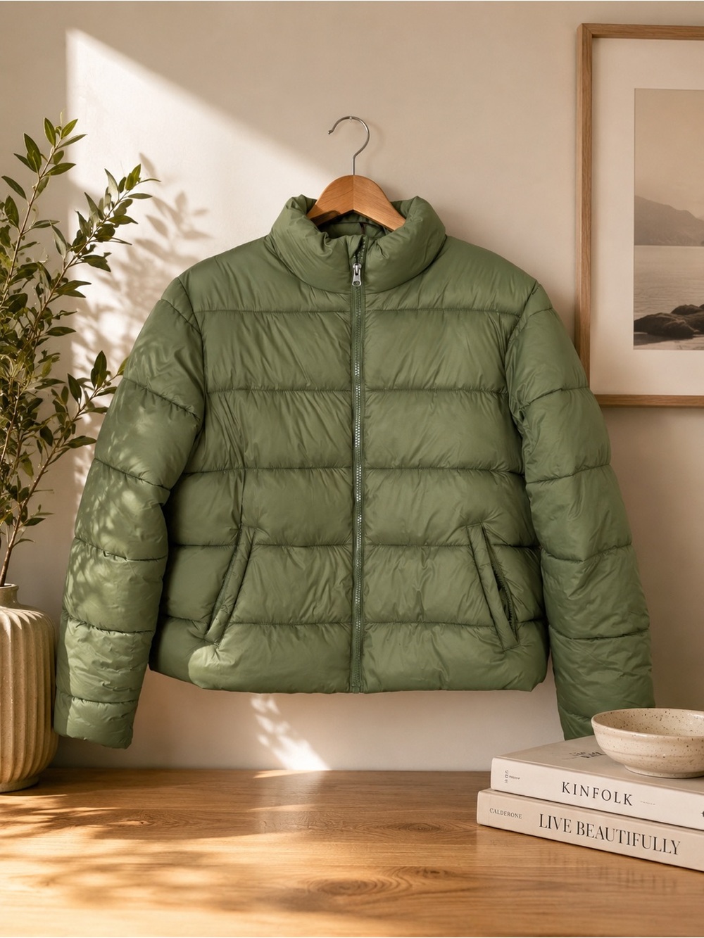 Time and Tru Sage Green Lightweight Quilted Puffer Jacket